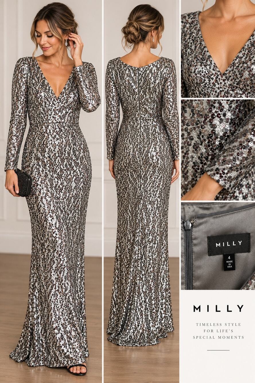 Milly Size 4 Silver Sequin Long Sleeve V-Neck Formal Gown Made in USA